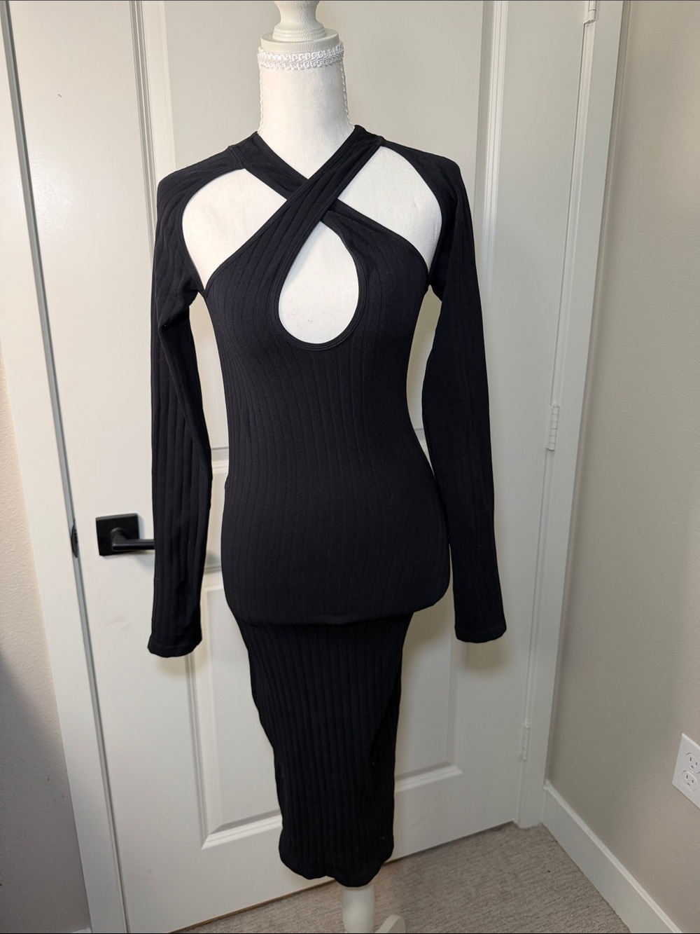 Black Ribbed Long Sleeve Cutout Midi Dress